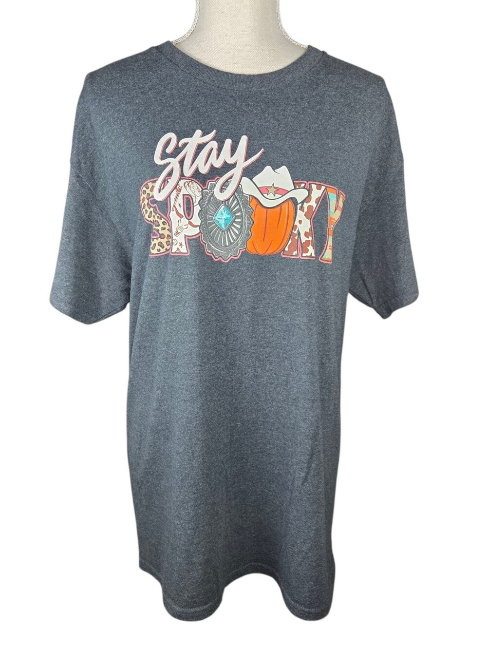 Girlie Girl "Get Spooky" T-Shirt Large Gray -Short Sleeve -Halloween Graphic Tee